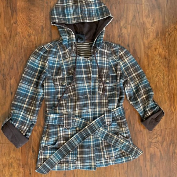 LA KITTY Women's Hooded Belted Button Plaid Jacket Size Small - Picture 1 of 12